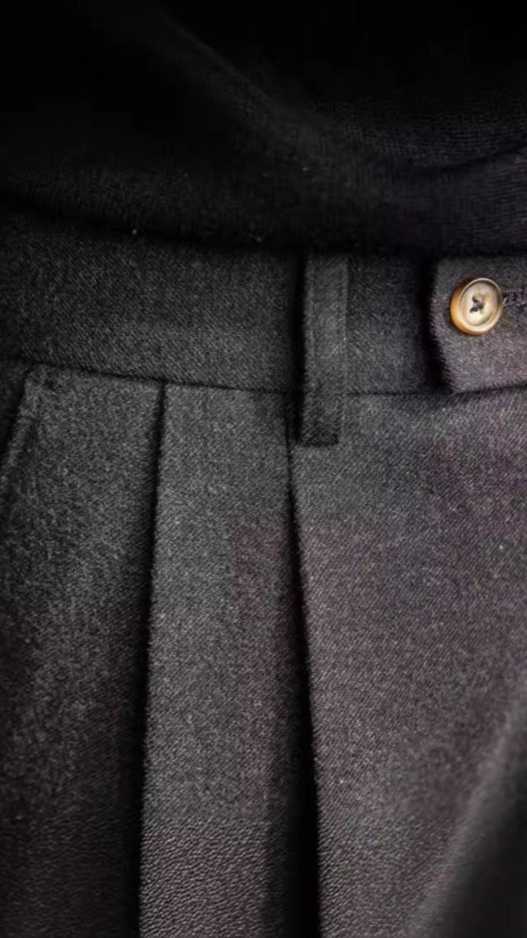The Wool Company dark grey polyester blend straight fit casual trousers with button closure and micro-elastic waistband.