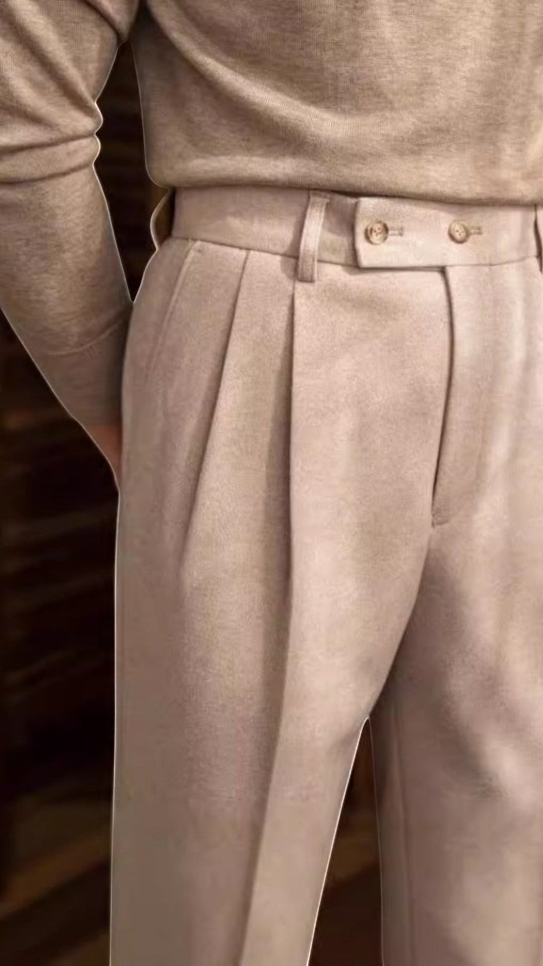 The Wool Company men's light apricot straight fit casual trousers made from a polyester blend with a micro-elastic waistband and double button closure.